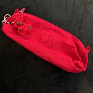 Kipling Freedom Pen Case Red Nylon Pencil Pouch with Monkey Keychain